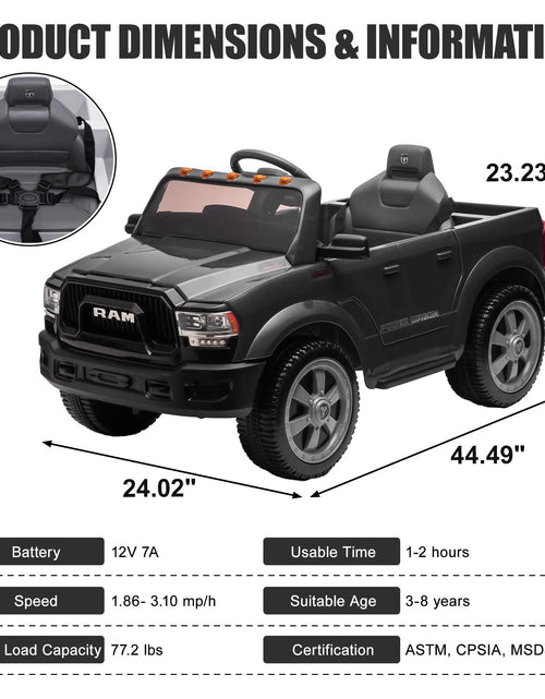 Load image into Gallery viewer, Dodge RAM Ride on Truck Car, 12V Powered Ride on Toy with Remote Control, Rear Wheel Suspension, 5 Point Safety Belt, MP3 Player, Bluetooth, LED Lights, Electric Car for 3-5 Years Boys Girls, Black
