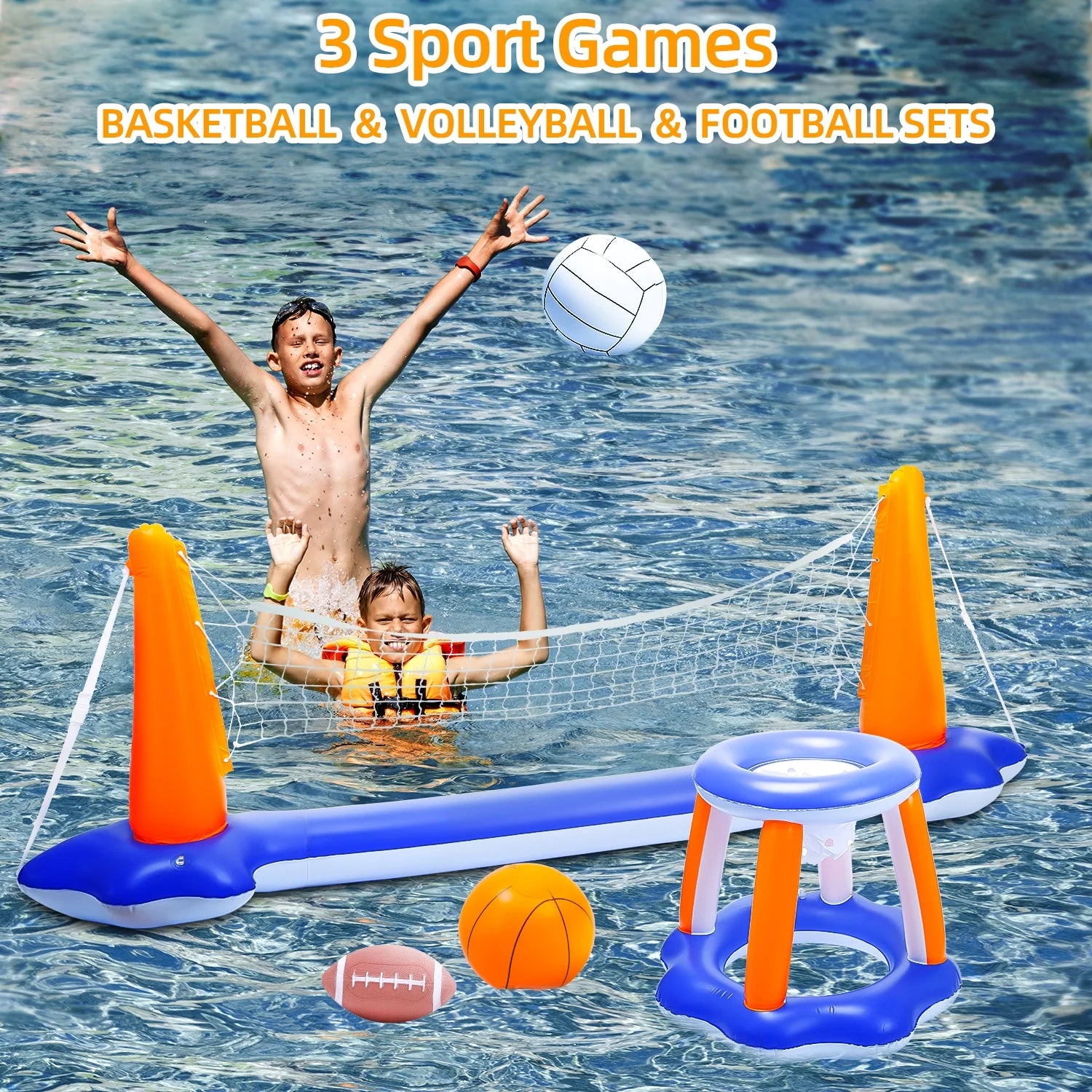 Pool Toys - Swimming Pool Basketball & Volleyball Sets Incl Inflatable Pool Volleyball Net, Floating Basketball Hoop and Water Football, Kids Summer Toys, Pool Games for Adults and Family