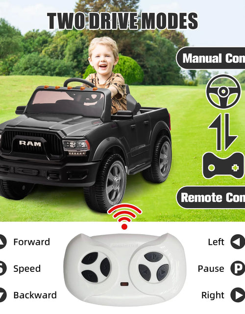 Load image into Gallery viewer, Dodge RAM Ride on Truck Car, 12V Powered Ride on Toy with Remote Control, Rear Wheel Suspension, 5 Point Safety Belt, MP3 Player, Bluetooth, LED Lights, Electric Car for 3-5 Years Boys Girls, Black
