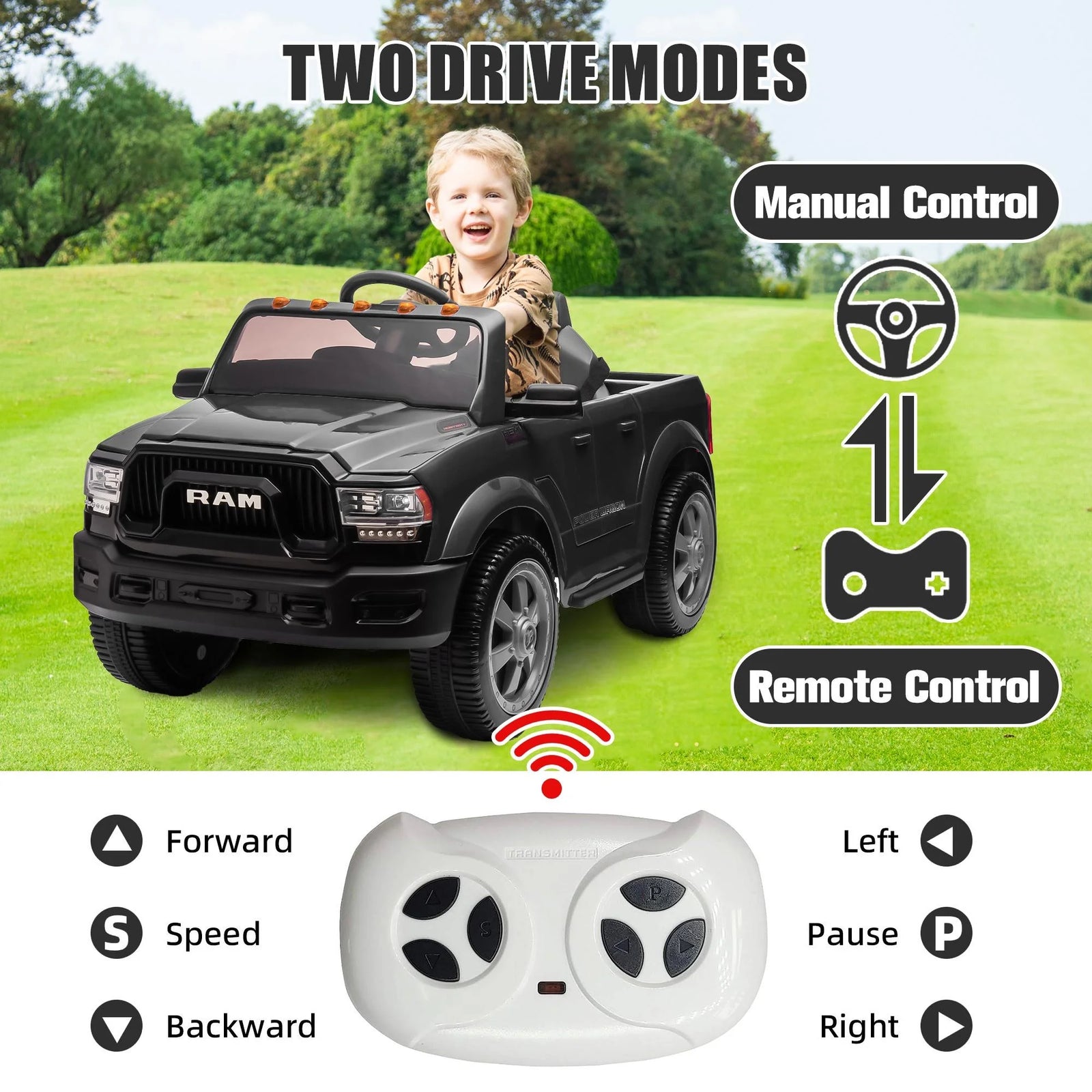 Dodge RAM Ride on Truck Car, 12V Powered Ride on Toy with Remote Control, Rear Wheel Suspension, 5 Point Safety Belt, MP3 Player, Bluetooth, LED Lights, Electric Car for 3-5 Years Boys Girls, Black