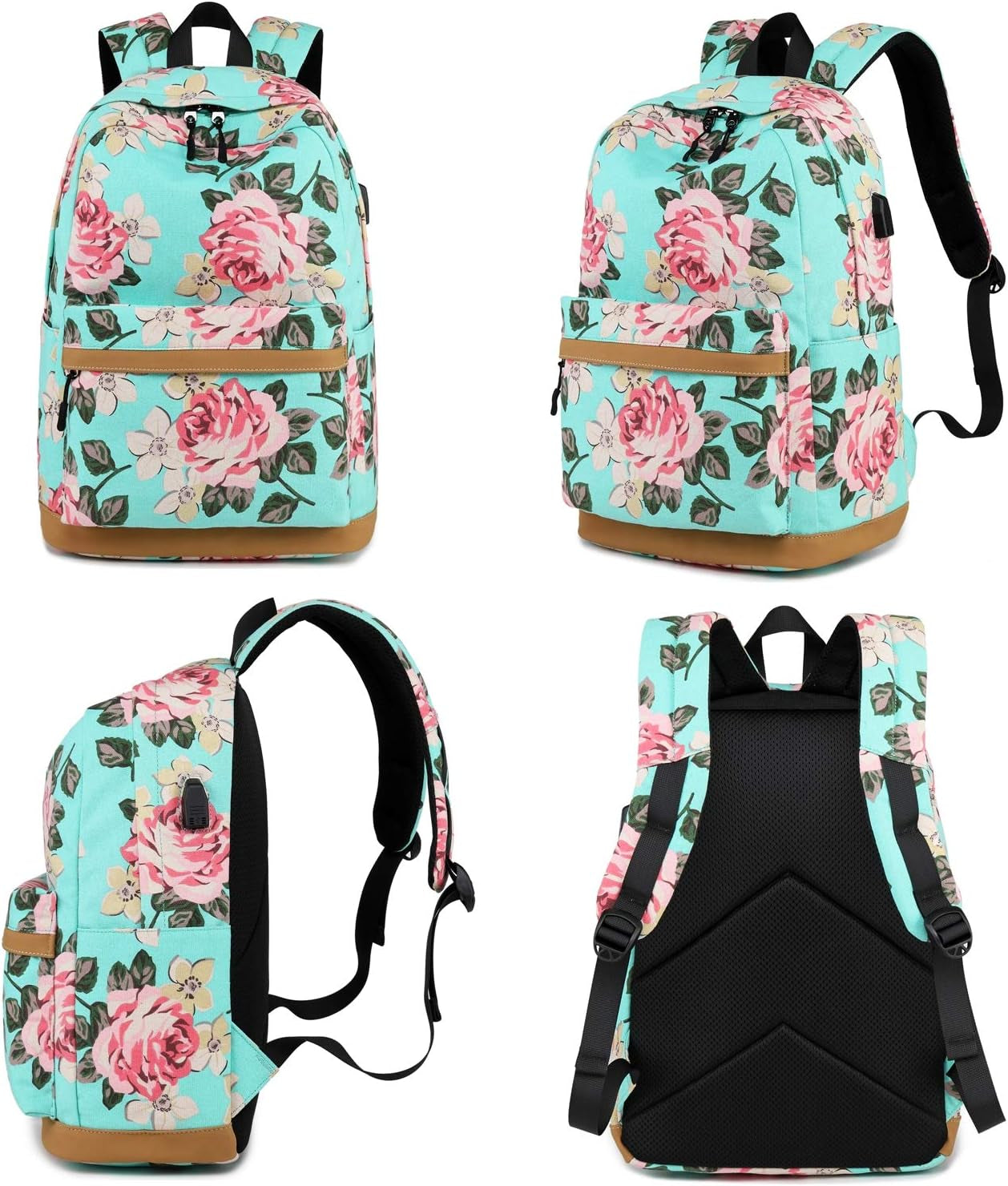 Canvas School Backpack Teens Backpack School Bag Backpack for School Book Bag Set (Floral-Water Blue)