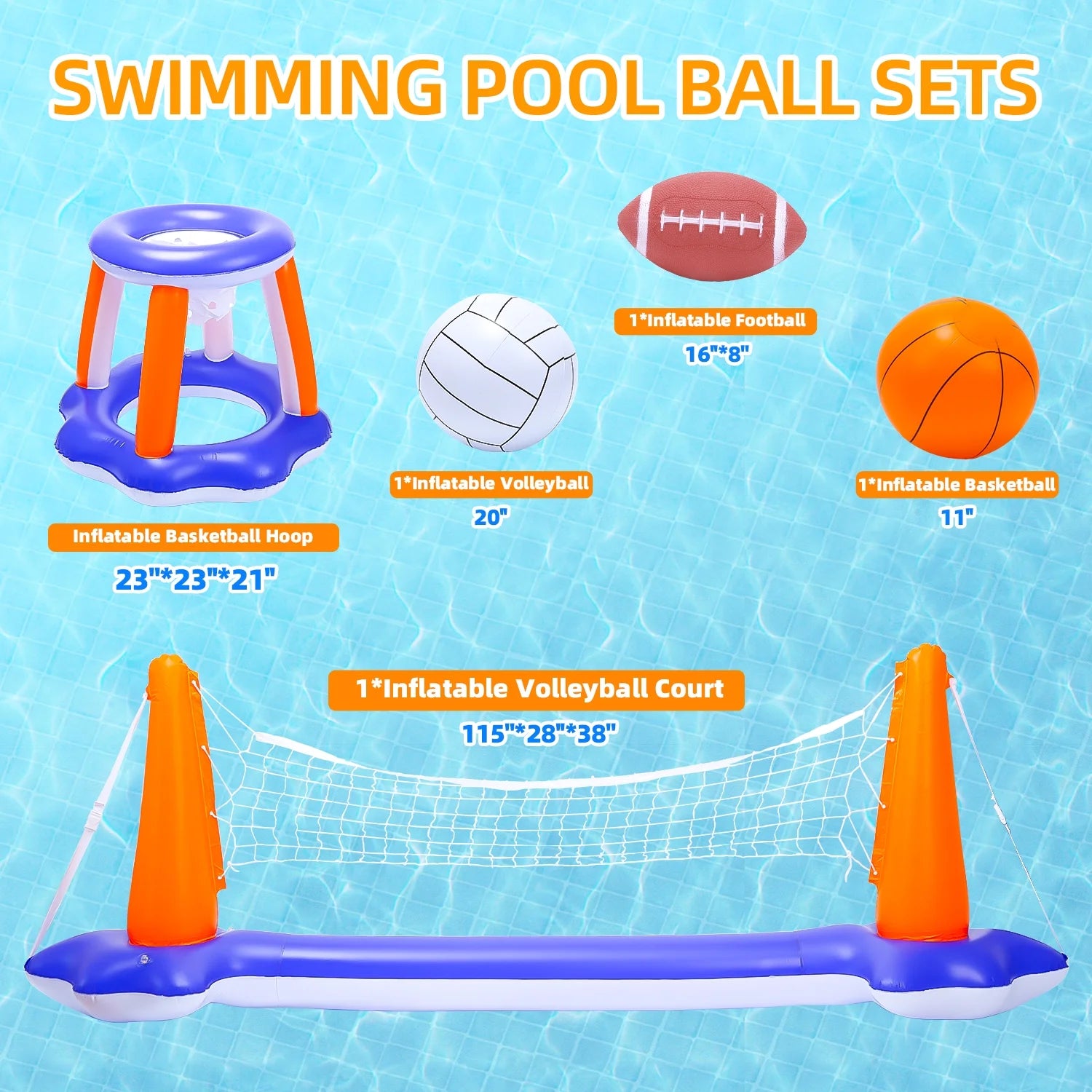 Pool Toys - Swimming Pool Basketball & Volleyball Sets Incl Inflatable Pool Volleyball Net, Floating Basketball Hoop and Water Football, Kids Summer Toys, Pool Games for Adults and Family