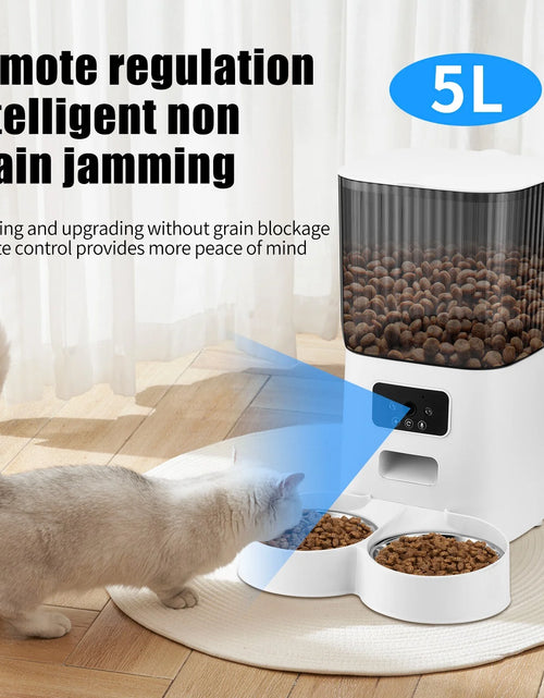 Load image into Gallery viewer, Automatic Pet Feeder with Camera for 2 Pets, 1080P Camera 5L Cat Feeder with 2 Stainless Steel Bowls, Two Way Talk, Remote APP Control Support 2.4G Wifi
