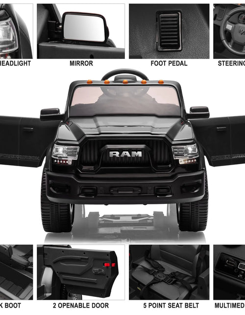 Load image into Gallery viewer, Dodge RAM Ride on Truck Car, 12V Powered Ride on Toy with Remote Control, Rear Wheel Suspension, 5 Point Safety Belt, MP3 Player, Bluetooth, LED Lights, Electric Car for 3-5 Years Boys Girls, Black
