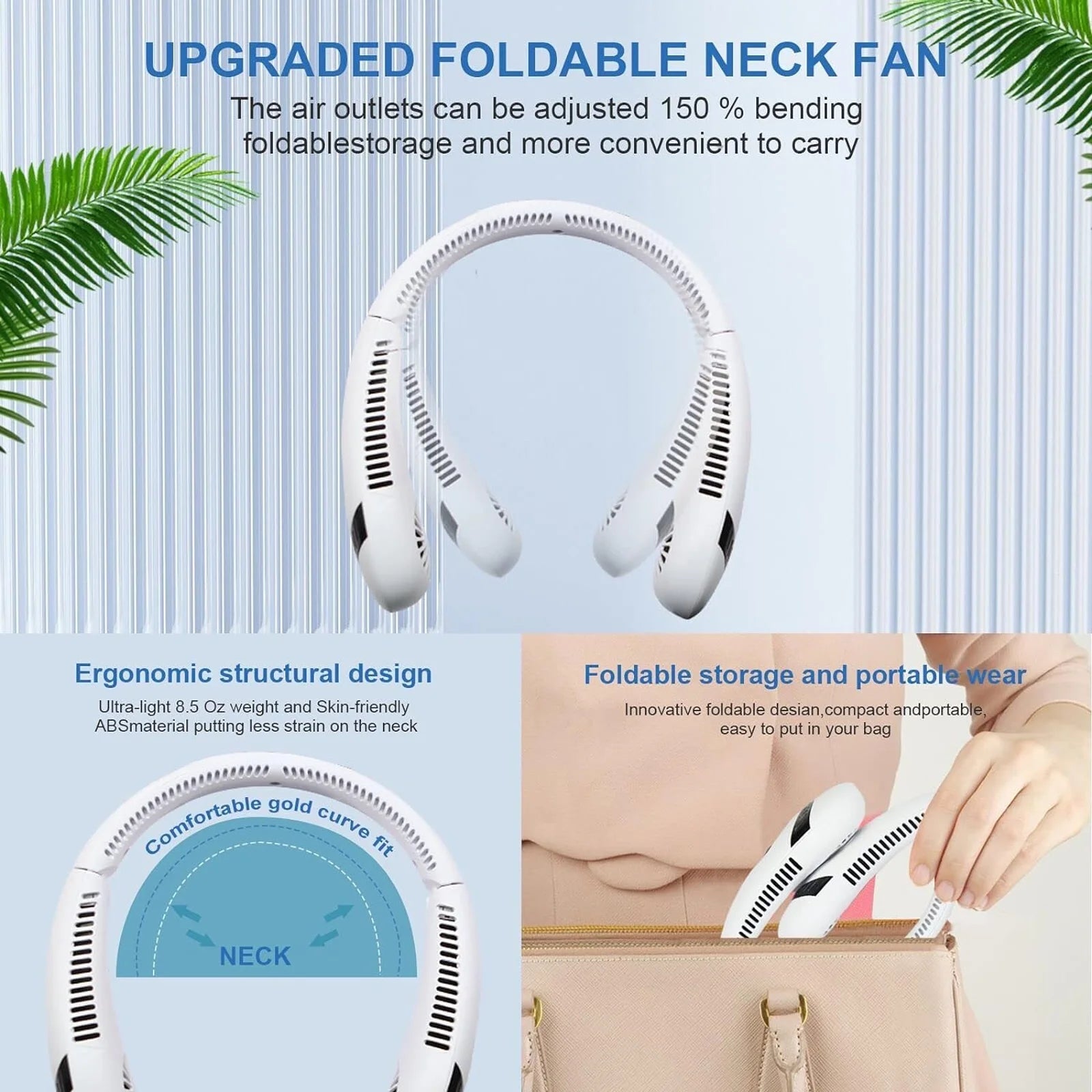 Portable Neck Fan 5000Mah Foldable Neck Fan LED Display, 3 Speeds Adjustable Folding Neck Fan USB Powered Hands Free Fan White