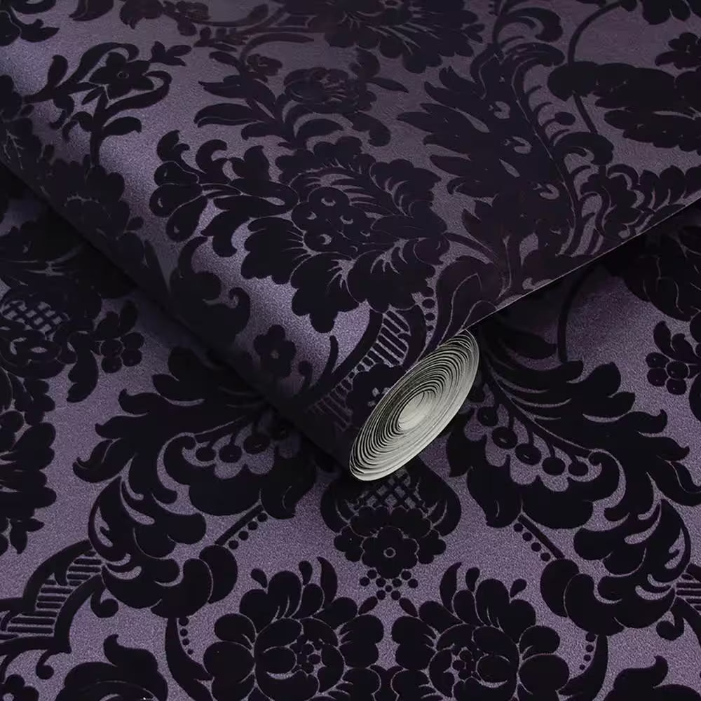 Gothic Damask Flock Plum Removable Wallpaper