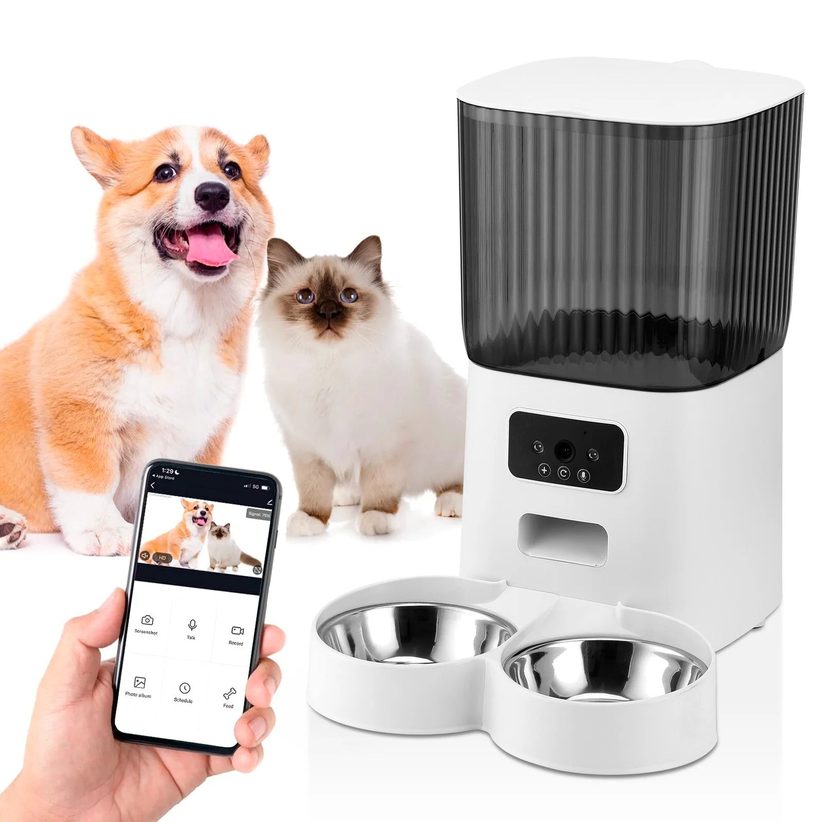 Automatic Pet Feeder with Camera for 2 Pets, 1080P Camera 5L Cat Feeder with 2 Stainless Steel Bowls, Two Way Talk, Remote APP Control Support 2.4G Wifi